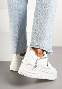 Białe Sneakersy na Platformie z Paskiem z Cyrkonii Aneolin