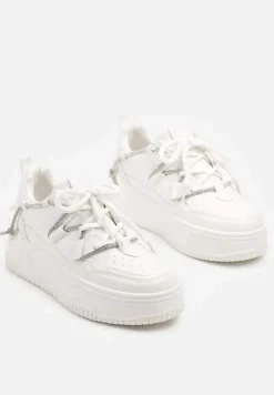 Białe Sneakersy na Platformie z Paskiem z Cyrkonii Aneolin
