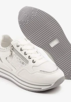 Białe Sneakersy na Platformie Ozdobione Suwakiem i Paskami Korirae