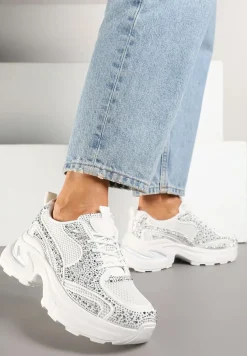 Białe Sneakersy na Platformie Ozdobione Cyrkoniami Luria