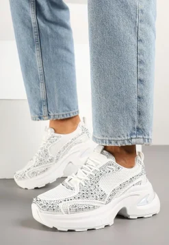 Białe Sneakersy na Platformie Ozdobione Cyrkoniami Luria