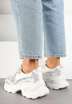 Białe Sneakersy na Platformie Ozdobione Cyrkoniami Luria