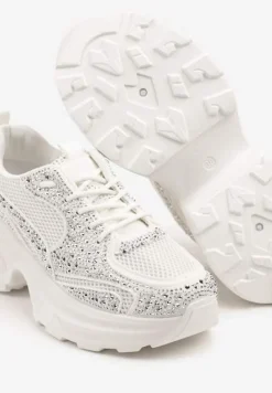 Białe Sneakersy na Platformie Ozdobione Cyrkoniami Luria