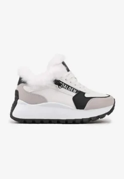 Białe Sneakersy na Platformie z Napisem Sznurowaniem i Futerkiem Vazina