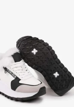 Białe Sneakersy na Platformie z Napisem Sznurowaniem i Futerkiem Vazina