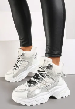 Białe Sneakersy na Platformie Ozdobione Metaliczną Nicią i Futerkiem Volattia