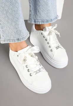 Białe Sneakersy na Platformie z Ozdobnymi Cyrkoniami Aviriel