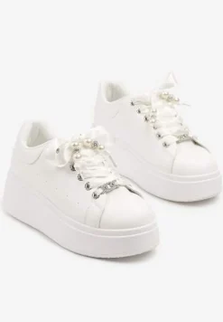 Białe Sneakersy na Platformie z Ozdobnymi Cyrkoniami Aviriel