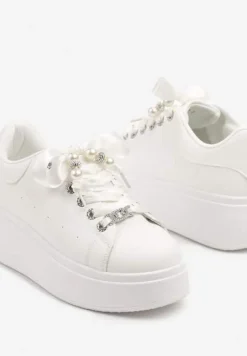 Białe Sneakersy na Platformie z Ozdobnymi Cyrkoniami Aviriel