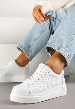 Białe Sneakersy Skórzane na Platformie z Ozdobą i Perforacją Neolivia