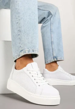 Białe Sneakersy Skórzane na Platformie z Ozdobą i Perforacją Neolivia