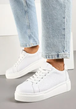 Białe Sneakersy Skórzane na Platformie z Ozdobą i Perforacją Neolivia
