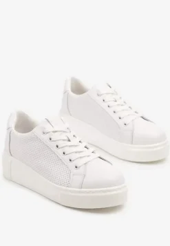 Białe Sneakersy Skórzane na Platformie z Ozdobą i Perforacją Neolivia