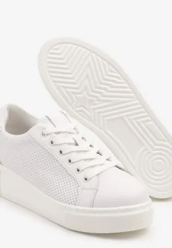 Białe Sneakersy Skórzane na Platformie z Ozdobą i Perforacją Neolivia