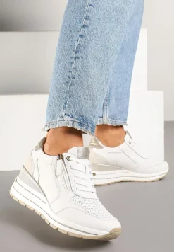 Białe Sneakersy Skórzane na Koturnie z Ozdobnym Suwakiem Xorivna