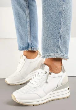 Białe Sneakersy Skórzane na Koturnie z Ozdobnym Suwakiem Xorivna