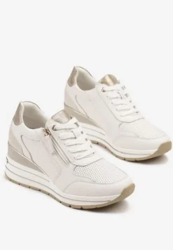 Białe Sneakersy Skórzane na Koturnie z Ozdobnym Suwakiem Xorivna