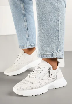 Białe Sneakersy Skórzane Ozdobione Suwakiem Ivelami