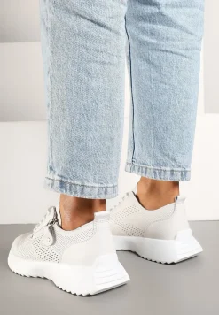 Białe Sneakersy Skórzane Ozdobione Suwakiem Ivelami