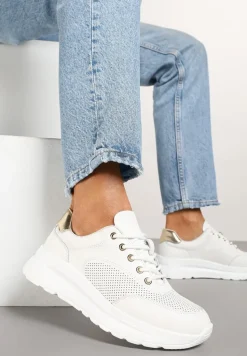 Białe Sneakersy Skórzane z Perforacją i Metaliczną Aplikacją Milami