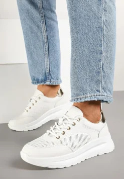 Białe Sneakersy Skórzane z Perforacją i Metaliczną Aplikacją Milami