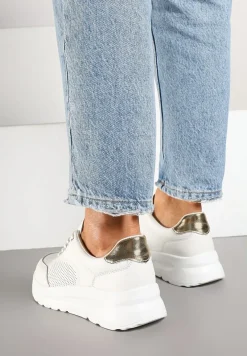 Białe Sneakersy Skórzane z Perforacją i Metaliczną Aplikacją Milami