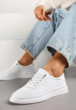Białe Sneakersy Skórzane z Perforacją i Ozdobą Neorielina