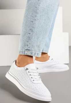 Białe Sneakersy Skórzane z Perforacją i Ozdobą Neorielina