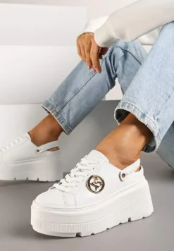 Białe Sneakersy Vices na Platformie z Tłoczeniem Paskiem na Pięcie i Metaliczną Aplikacją Selfedi