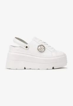 Białe Sneakersy Vices na Platformie z Tłoczeniem Paskiem na Pięcie i Metaliczną Aplikacją Selfedi