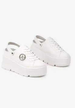 Białe Sneakersy Vices na Platformie z Tłoczeniem Paskiem na Pięcie i Metaliczną Aplikacją Selfedi