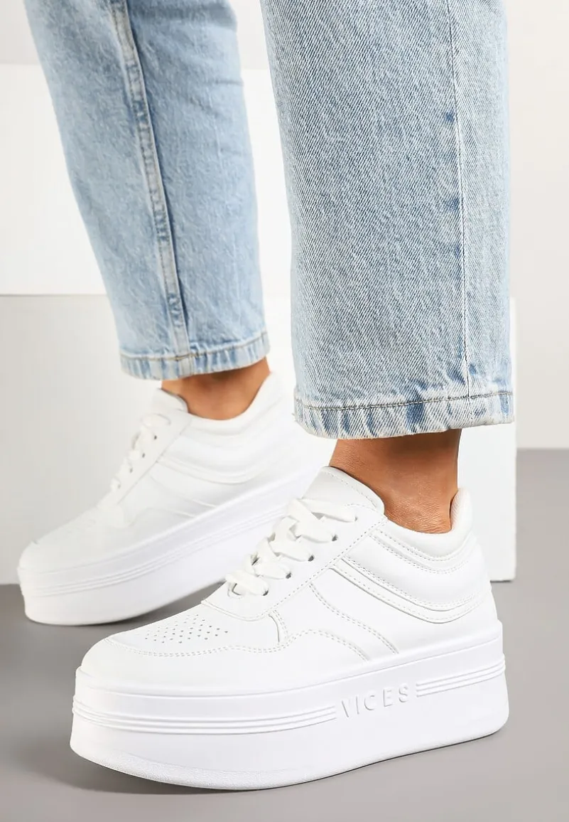 Białe Sneakersy Vices na Platformie z Tłoczonym Napisem ze Sznurowaniem Eanneth