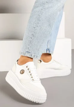 Białe Sneakersy Vices na Platformie z Tłoczeniem Ozdobione Metaliczną Aplikacją Eriri