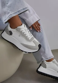 Białe Sneakersy Vices na Platformie Ozdobione Naszywką i Panterką Selothiel