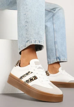 Białe Sneakersy w Stylu Kultowych Tenisówek ze Zdobieniami w Panterkę Nilivra