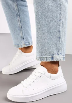 Białe Sneakersy z Ekoskóry na Grubej Podeszwie ze Sznurowaniem Serizia
