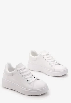 Białe Sneakersy z Ekoskóry na Grubej Podeszwie ze Sznurowaniem Serizia