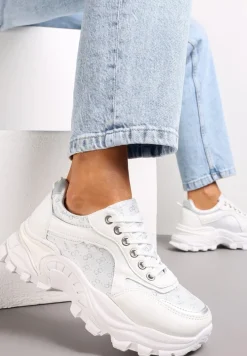 Białe Sneakersy z Metaliczną Nitką na Grubej Podeszwie Melimeda