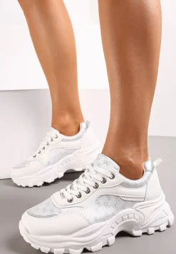 Białe Sneakersy z Metaliczną Nitką na Grubej Podeszwie Melimeda