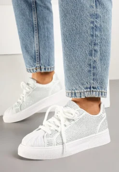 Białe Sneakersy z Ozdobnym Tłoczeniem i Cyrkoniami Dorreia