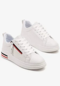 Białe Sneakersy z Ozdobnymi Napisami Suwakiem i Paskami Tosime