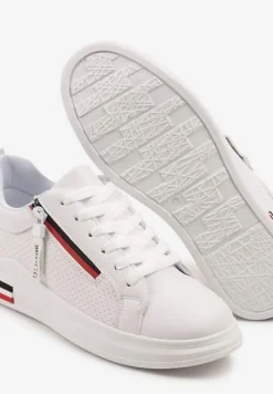 Białe Sneakersy z Ozdobnymi Napisami Suwakiem i Paskami Tosime