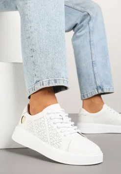 Białe Sneakersy z Wkładką ze Skóry Naturalnej Ozdobione Cyrkoniami i Sercem Tiralia