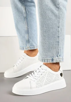 Białe Sneakersy z Wkładką ze Skóry Naturalnej Ozdobione Cyrkoniami i Sercem Tiralia