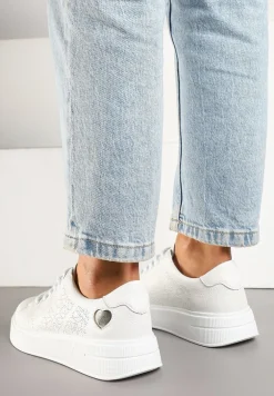 Białe Sneakersy z Wkładką ze Skóry Naturalnej Ozdobione Cyrkoniami i Sercem Tiralia