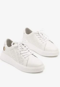 Białe Sneakersy z Wkładką ze Skóry Naturalnej Ozdobione Cyrkoniami i Sercem Tiralia