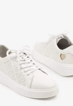 Białe Sneakersy z Wkładką ze Skóry Naturalnej Ozdobione Cyrkoniami i Sercem Tiralia