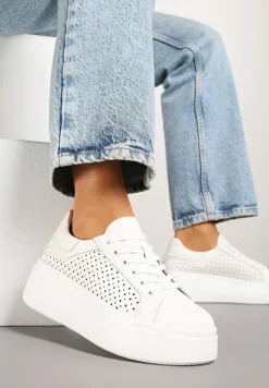 Białe Sneakersy ze Skóry na Niskiej Platformie Milkio