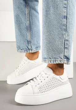 Białe Sneakersy ze Skóry na Niskiej Platformie Milkio