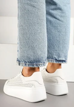 Białe Sneakersy ze Skóry na Niskiej Platformie Milkio